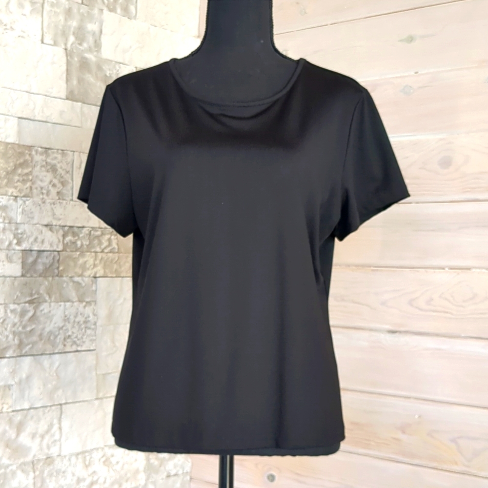 Covington Petite Stretch LP (14-16) Black Cropped Top Shirt Blouse Basic Staple